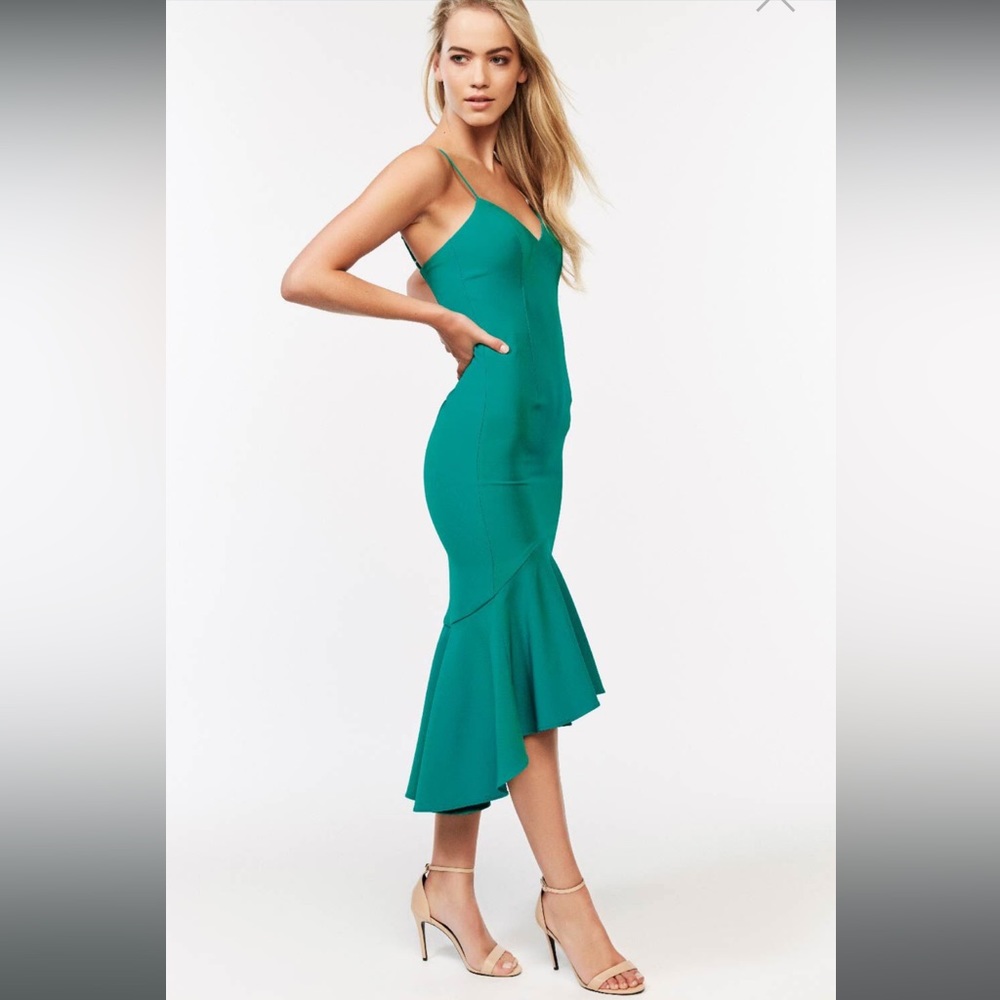 Bardot Greenlake Lisandra Ruffle Hem Fitted Mermaid Midi Dress - Size 6